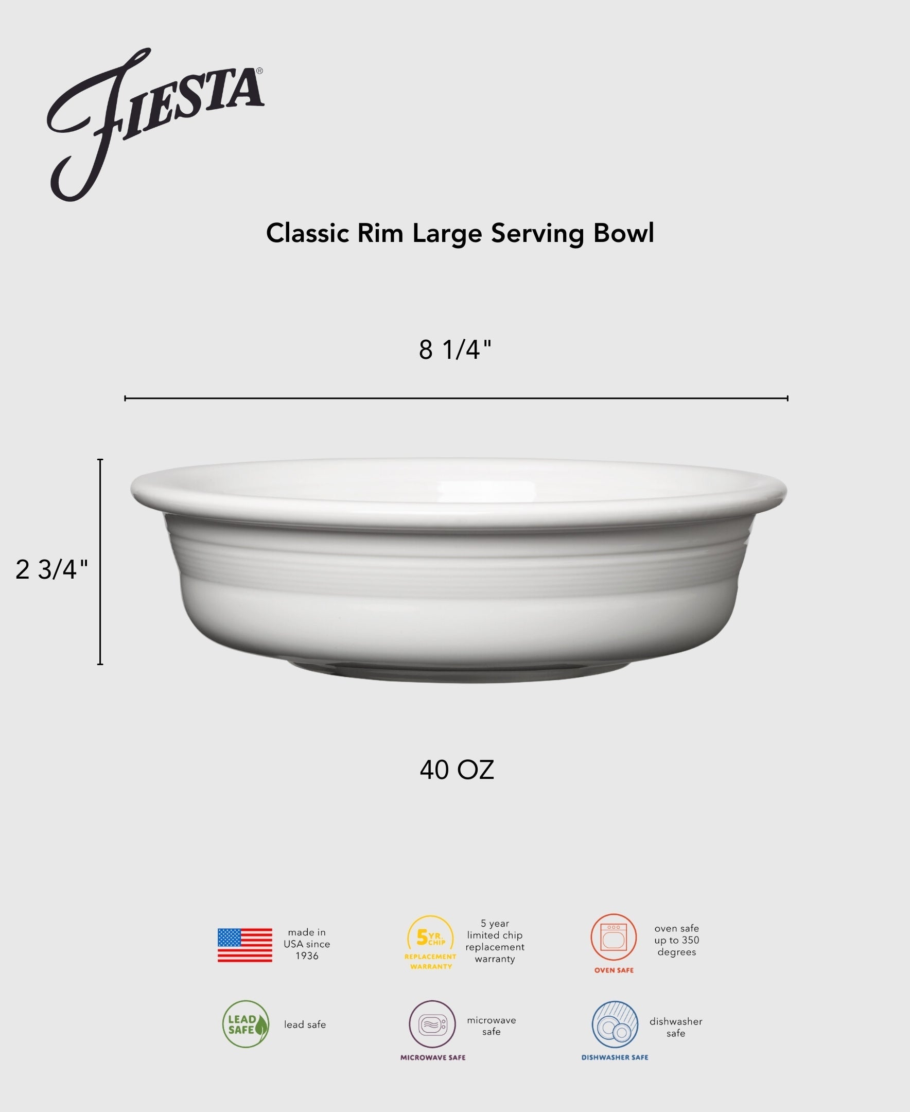Fiesta Dinnerware - Classic Rim 10 1/2 Inch Extra Large Serving Bowl 80 OZ - Image 3